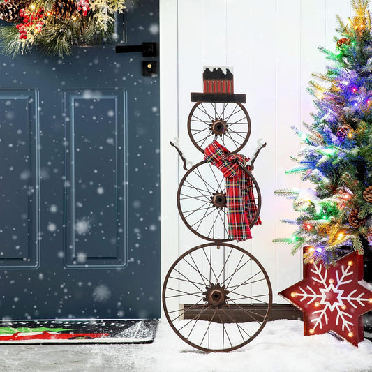 33.98" H Metal Bike Wheel Snowman with Plaid Scarf Hat Porch Decor Metal Bicycle Garden Yard Decor Christmas Indoor Outdoor Decorations