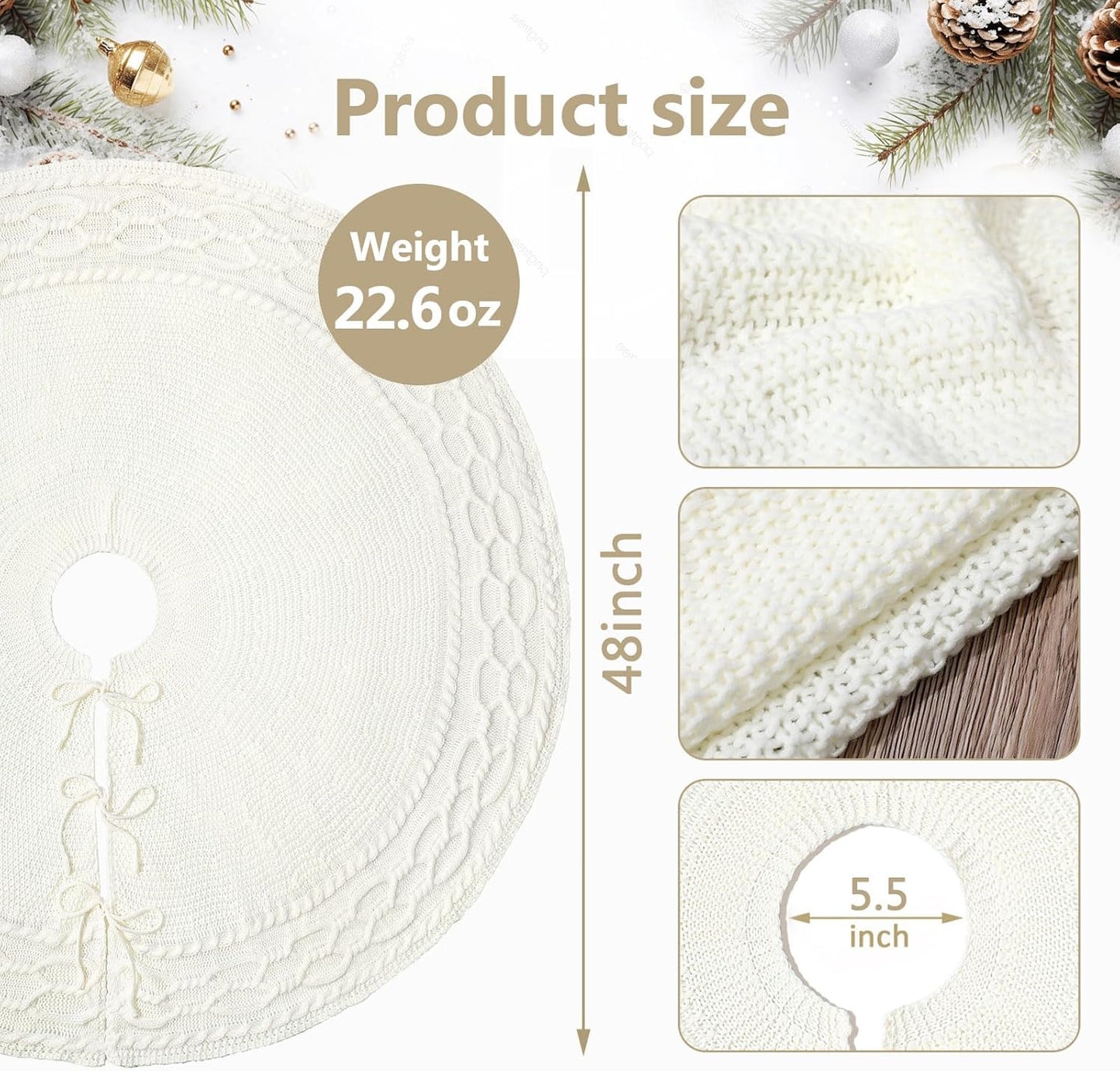 White Tree Skirt 48 Inch Ivory Cable Knit Christmas Tree Skirt, Thick Cream Farmhouse Rustic Knitted Tree Skirt for Christmas Tree Decorations Xmas Holiday Home Party Decorations