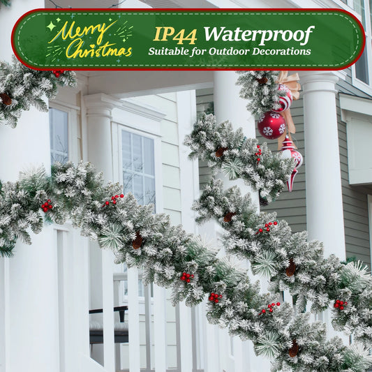 9Ft Pre-Lit Snow Flocked Christmas Garland with LED Lights W/ 8 Modes & Timer for Outdoor Indoor Xmas Decoration Fireplace Stairs Doorway Railings Decor, Battery Operated