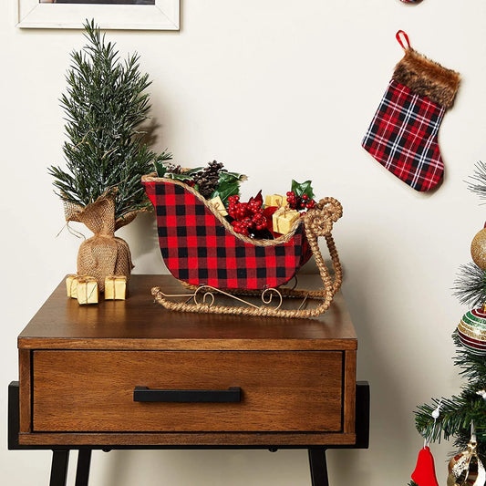 Small Santa Claus Christmas Sleigh Decoration, Red Buffalo Plaid Table Centerpiece for Holiday Decor (11 X 5 X 7.8 In)