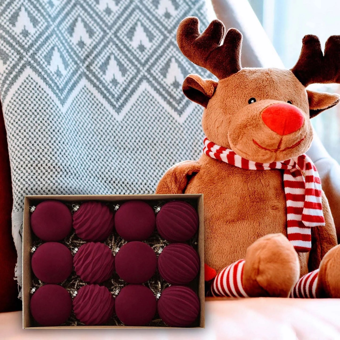 Red Velvet Christmas Ornaments, 12Pcs Large Christmas Ornaments for Tree Christmas Balls Ornaments Xmas Christmas Tree Decorations 60Mm/2.36" Christmas Ornament Balls For