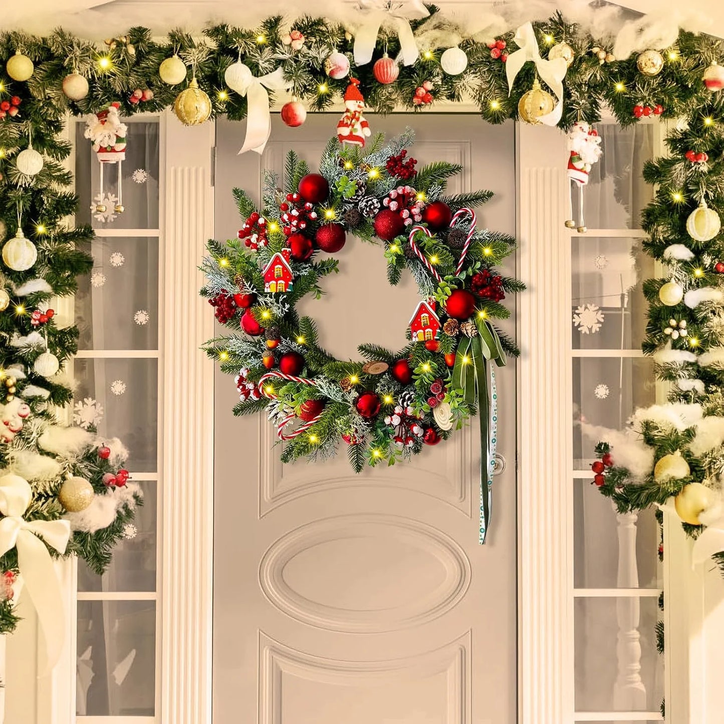 Artificial Christmas Wreaths with Lights,20Inch Christmas Door Wreath with Xmas Balls Berries Pinecones for Wall Fireplace Shop Window Decoration