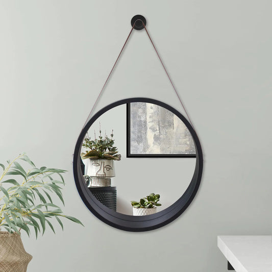 Americanflat 16" Round Mirror with Strap - Hanging Mirror with Durable Frame - Modern Mirror for Bathroom Bedroom Living Room - Mirrors for Wall Display and Home Decor - Black