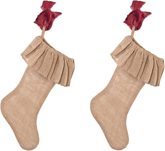 Holiday Décor Ruffled Jute Stockings 13" W X 19" L, Set of 2 - Natural Burlap Christmas Stockings for Home, Office, Winter Holidays and Special Occasions