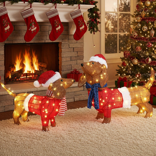2-Piece Christmas Decor Lighted Wiener Dog, Pre-Lit Outdoor Indoor Christmas Decor with Warm White Leds