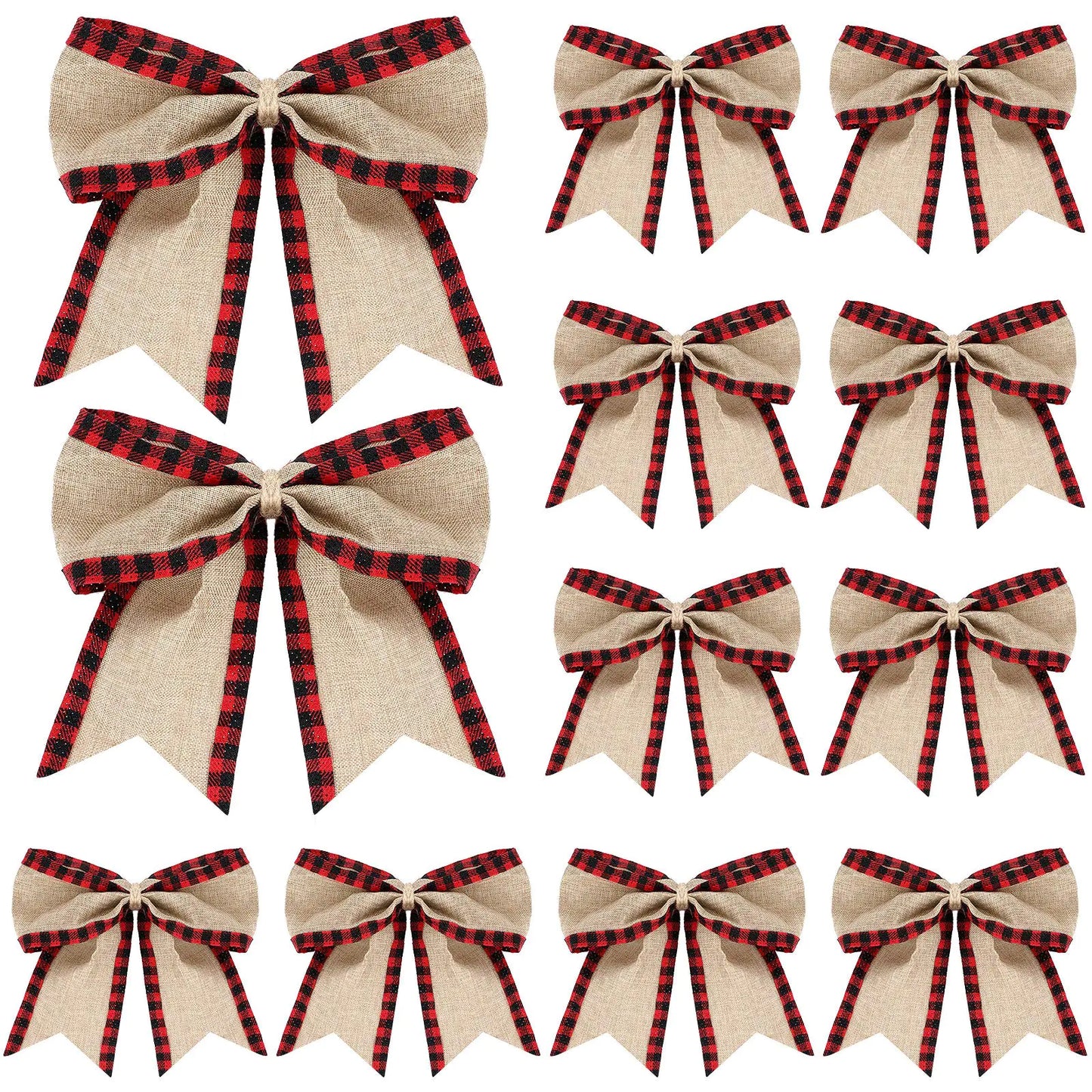 Syhood 12 Pieces Christmas Burlap Plaid Bow Christmas Buffalo Plaid Bow Christmas Decoration Bow for Christmas Tree Crafts Home Decoration (Black and Red)