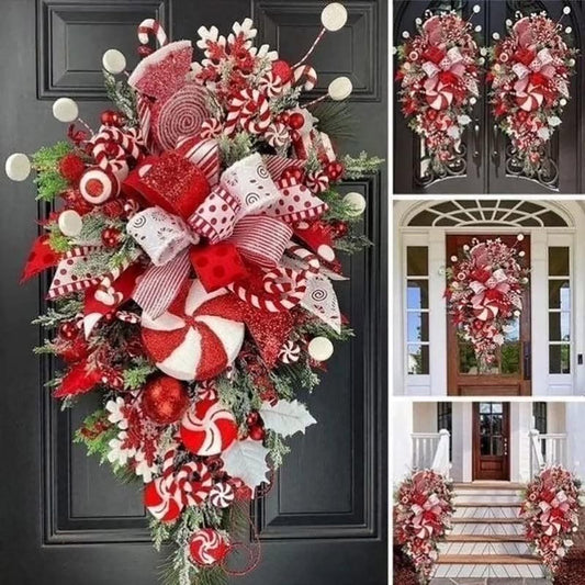 Christmas Candy Cane Wreath for Front Door Red White Teardrop Candy Cane Christmas Stairway Decorations Christmas Wreath with Candy Christmas Onrnament for Home Indoor D Home Decor