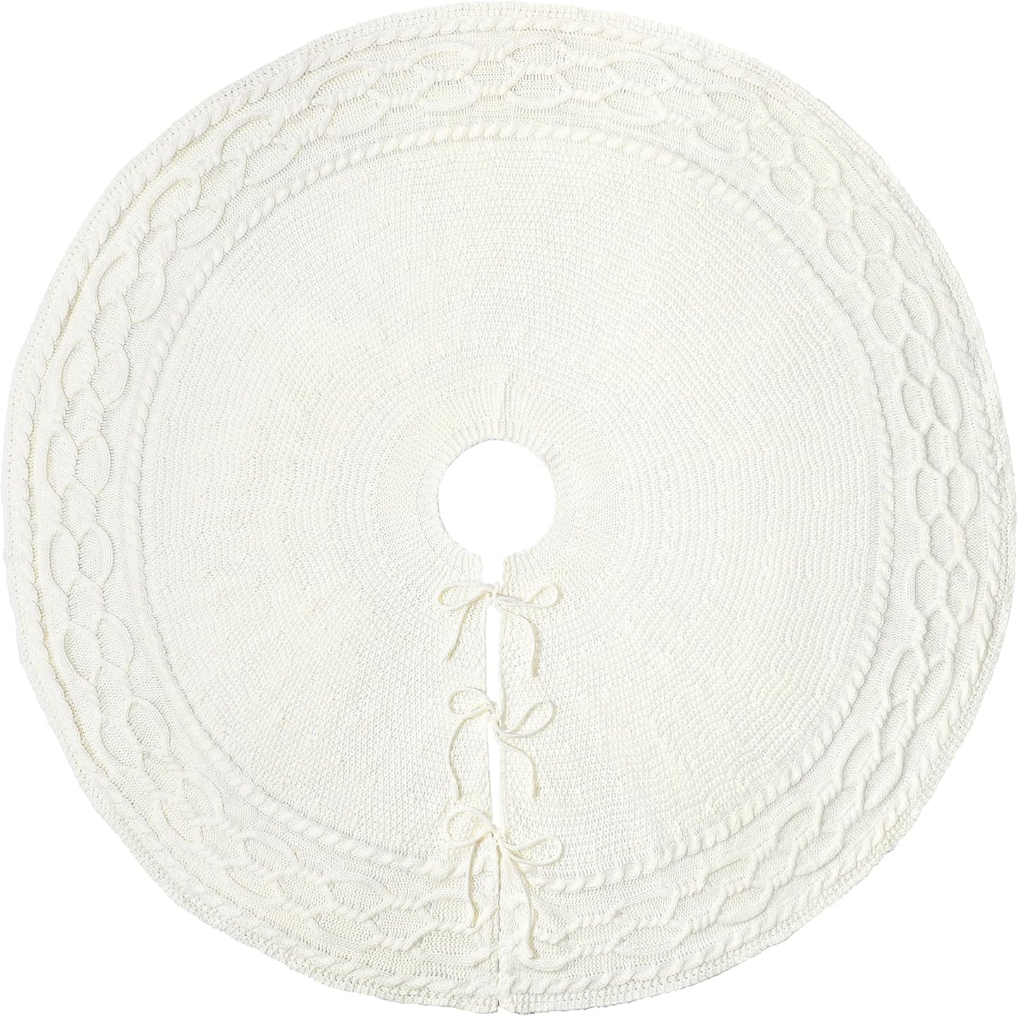 White Tree Skirt 48 Inch Ivory Cable Knit Christmas Tree Skirt, Thick Cream Farmhouse Rustic Knitted Tree Skirt for Christmas Tree Decorations Xmas Holiday Home Party Decorations