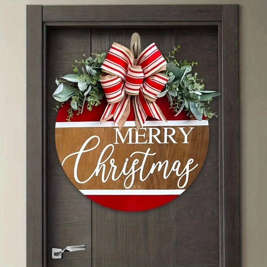 Merry Christmas Wall Wreath,Red Artificial Christmas Wreath with Bowknot,Front Door Ornament,Indoor Outdoor Christmas Decor