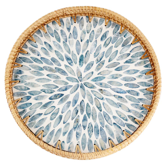 Tynulox Round Rattan Tray with Mother of Pearl Inlay Rattan Serving Tray for Coffee Bread Fruits Decorative Wicker Tray for Table Decor Home Decor Kitchen Island Decor