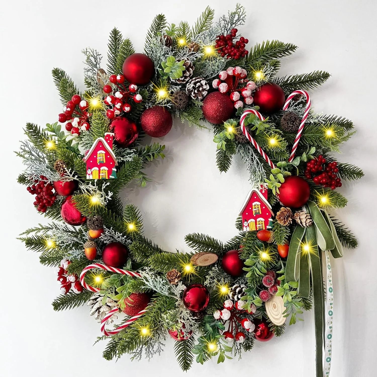 Artificial Christmas Wreaths with Lights,20Inch Christmas Door Wreath with Xmas Balls Berries Pinecones for Wall Fireplace Shop Window Decoration
