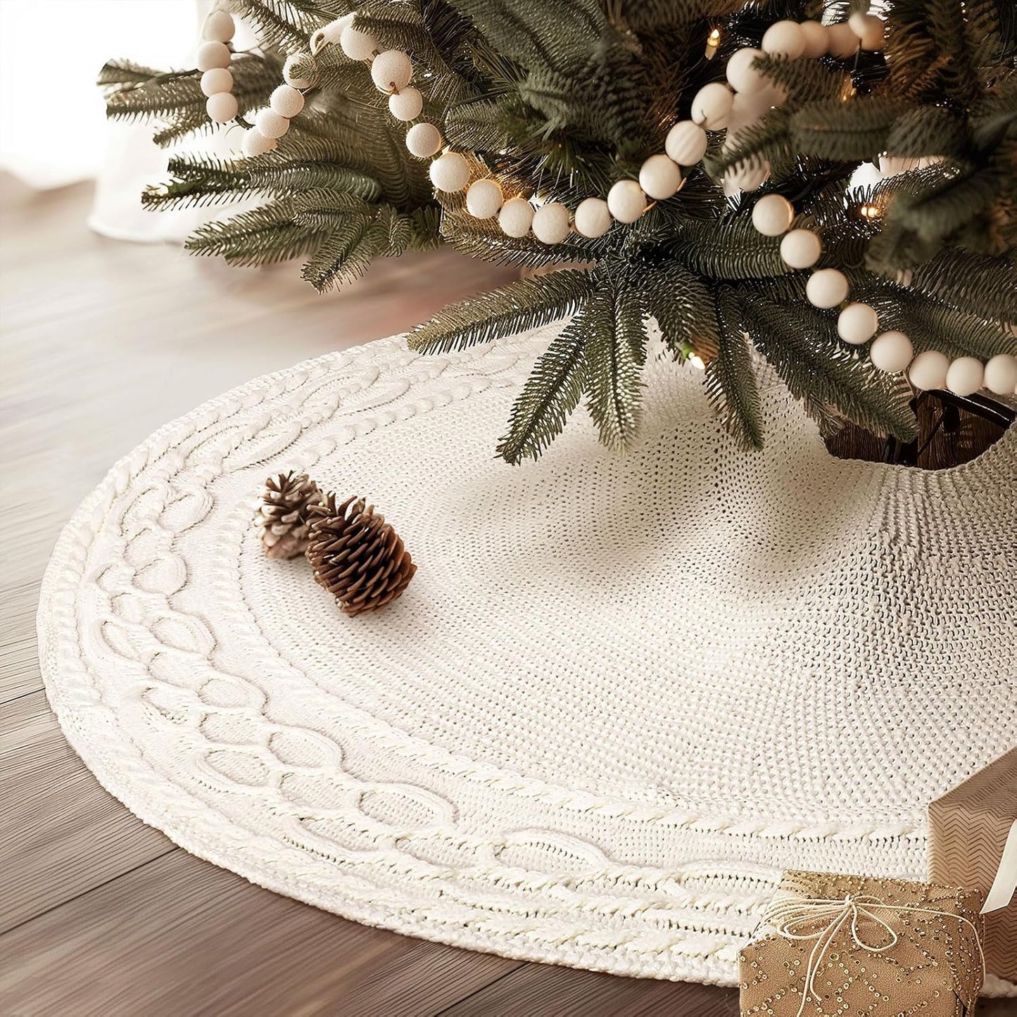 White Tree Skirt 48 Inch Ivory Cable Knit Christmas Tree Skirt, Thick Cream Farmhouse Rustic Knitted Tree Skirt for Christmas Tree Decorations Xmas Holiday Home Party Decorations