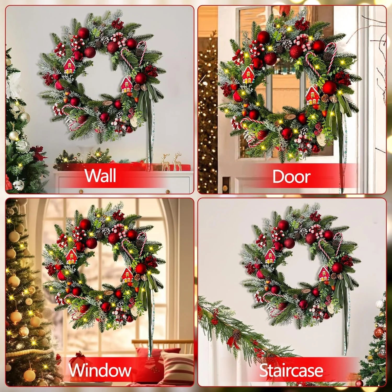 Artificial Christmas Wreaths with Lights,20Inch Christmas Door Wreath with Xmas Balls Berries Pinecones for Wall Fireplace Shop Window Decoration