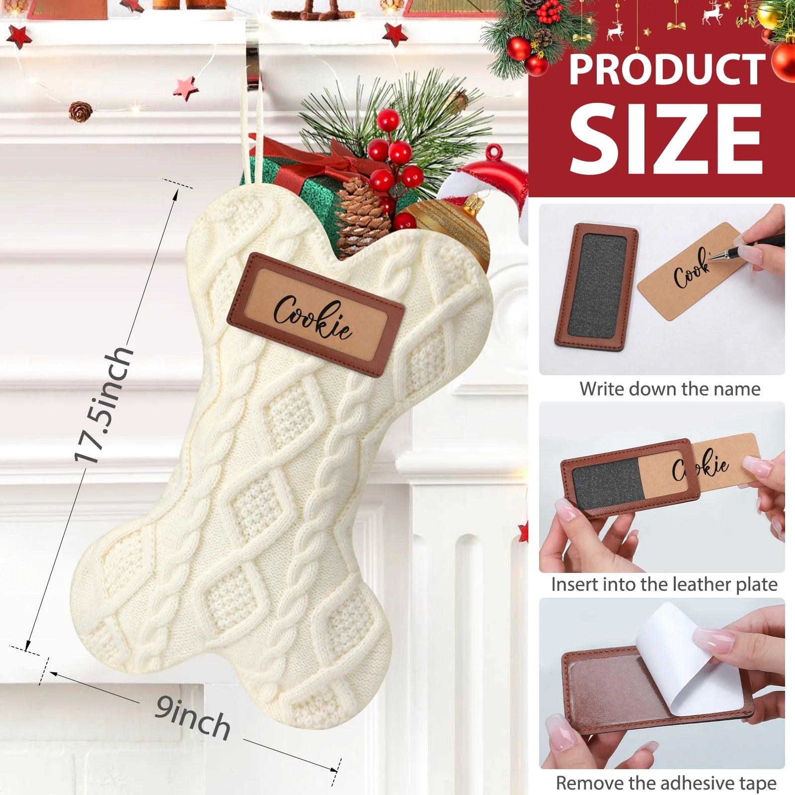 18" Dog Christmas Stocking, Bone Shape Stocking Christmas for Dog, Large Pet Stockings Hanging Christmas Decorations (White)