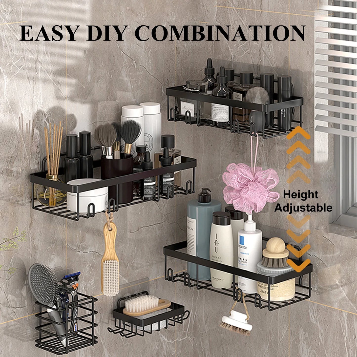 6 PCS Shower Caddy, No Drilling Bathroom Organizer with Soap Holder, Adhesive Bathroom Caddy, Black