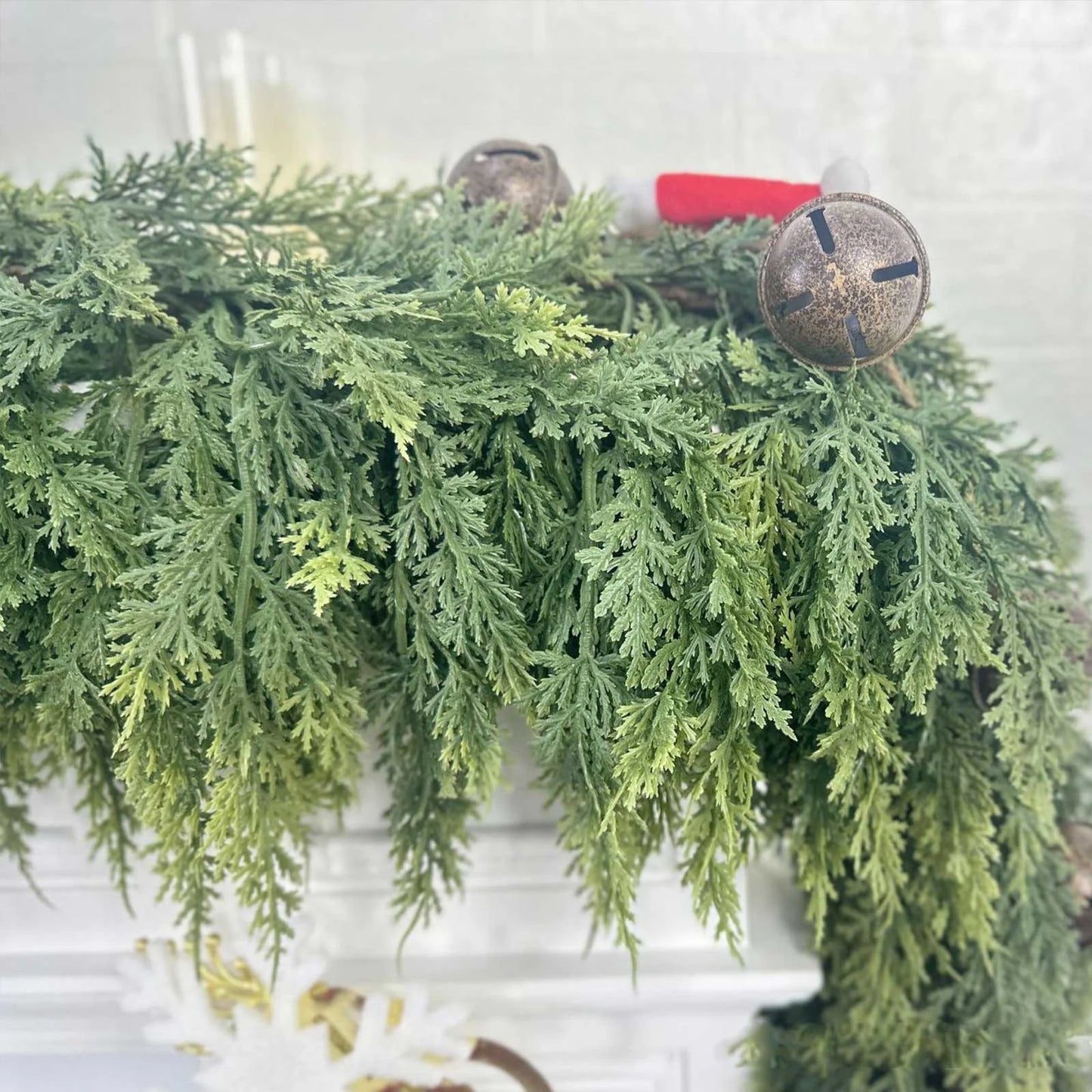 Artificial Green Cedar Garland Faux Cedar Needles Garland for Home Fireplace Indoor Outdoor Holiday Party Decoration