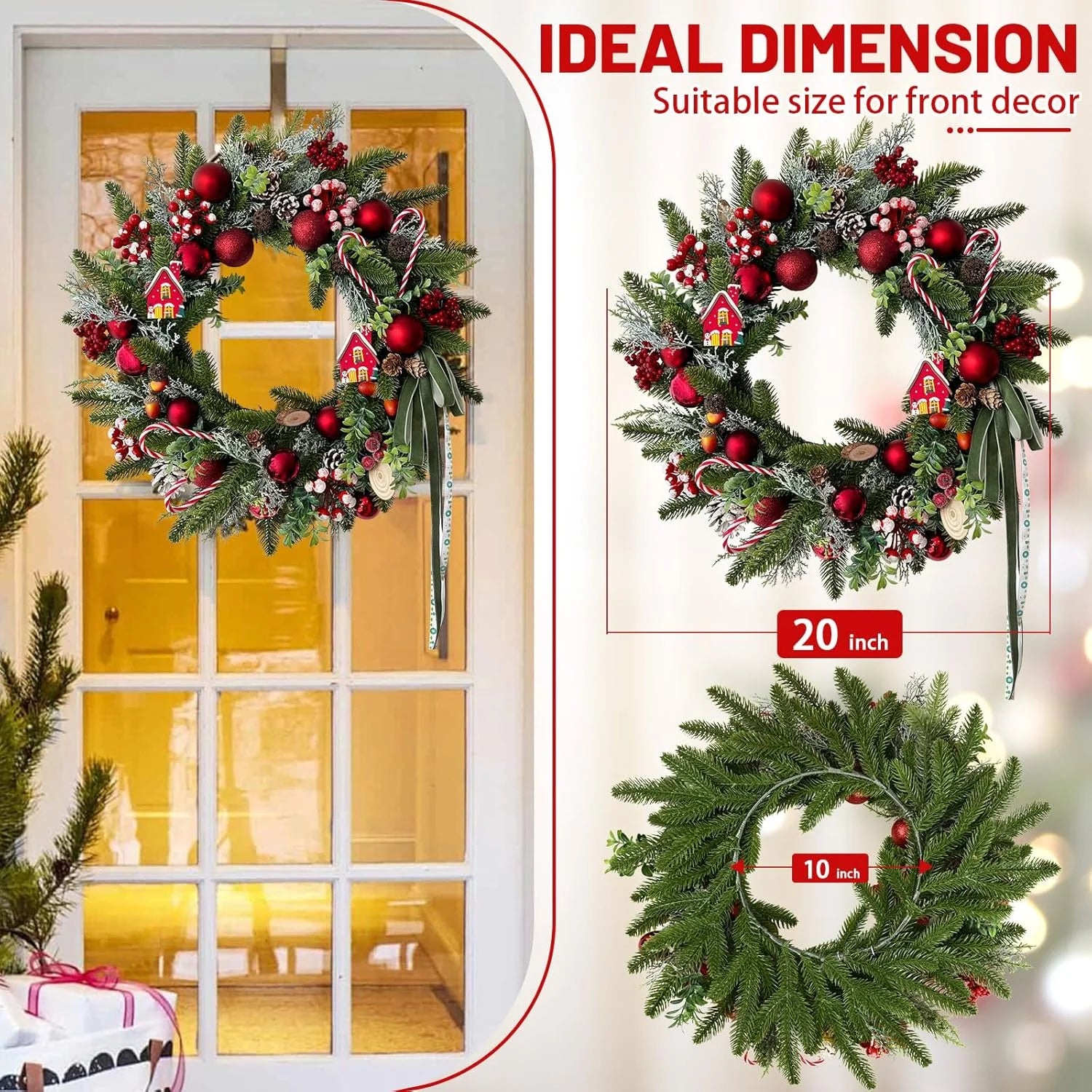 Artificial Christmas Wreaths with Lights,20Inch Christmas Door Wreath with Xmas Balls Berries Pinecones for Wall Fireplace Shop Window Decoration