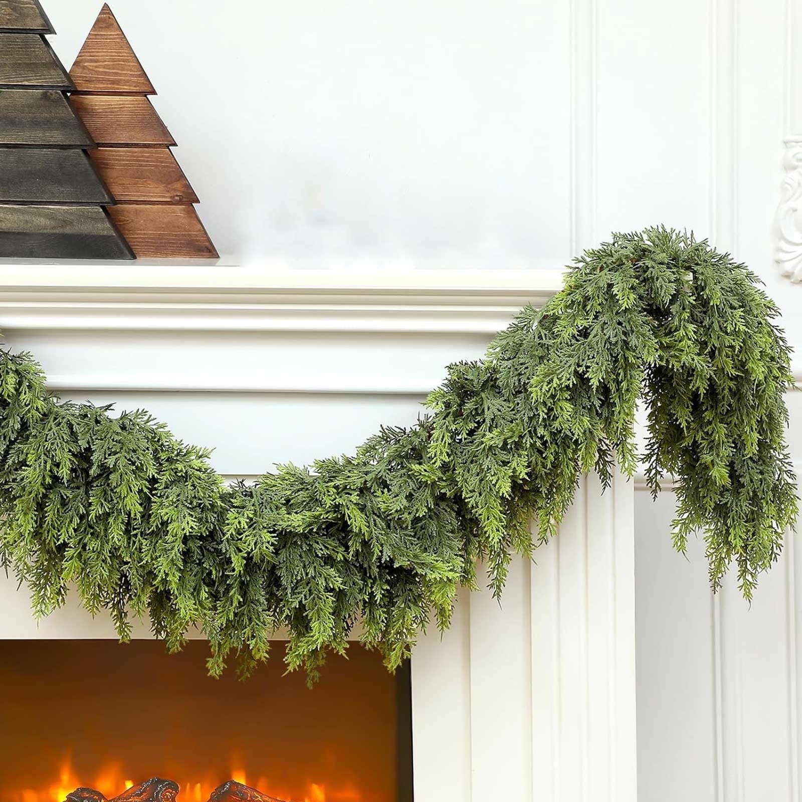 Artificial Green Cedar Garland Faux Cedar Needles Garland for Home Fireplace Indoor Outdoor Holiday Party Decoration