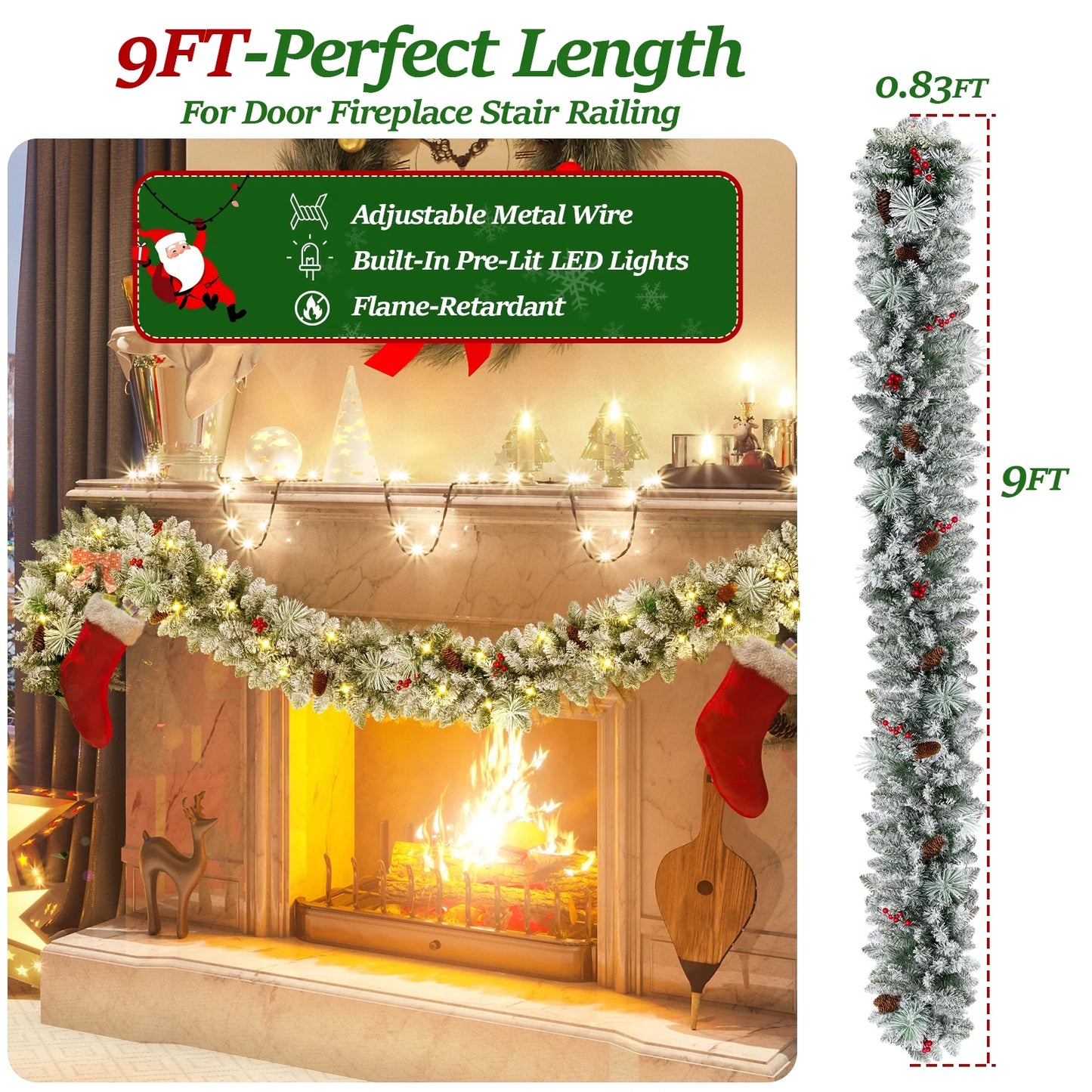 9Ft Pre-Lit Snow Flocked Christmas Garland with LED Lights W/ 8 Modes & Timer for Outdoor Indoor Xmas Decoration Fireplace Stairs Doorway Railings Decor, Battery Operated