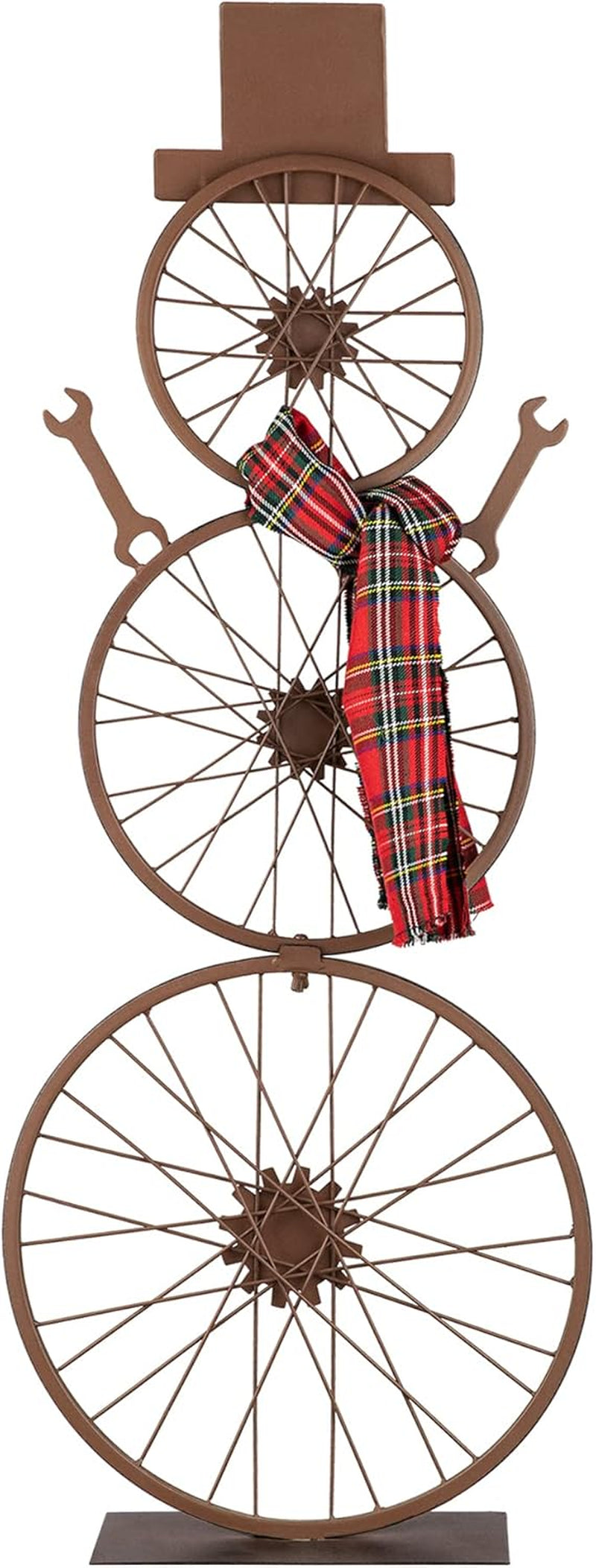 33.98" H Metal Bike Wheel Snowman with Plaid Scarf Hat Porch Decor Metal Bicycle Garden Yard Decor Christmas Indoor Outdoor Decorations