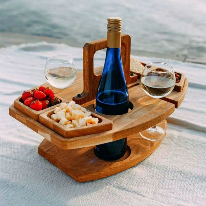 Wooden Outdoor Wine Table Folding Picnic Table with Glass Holder round Desk Wine Glass Rack Collapsible Table for Garden Party