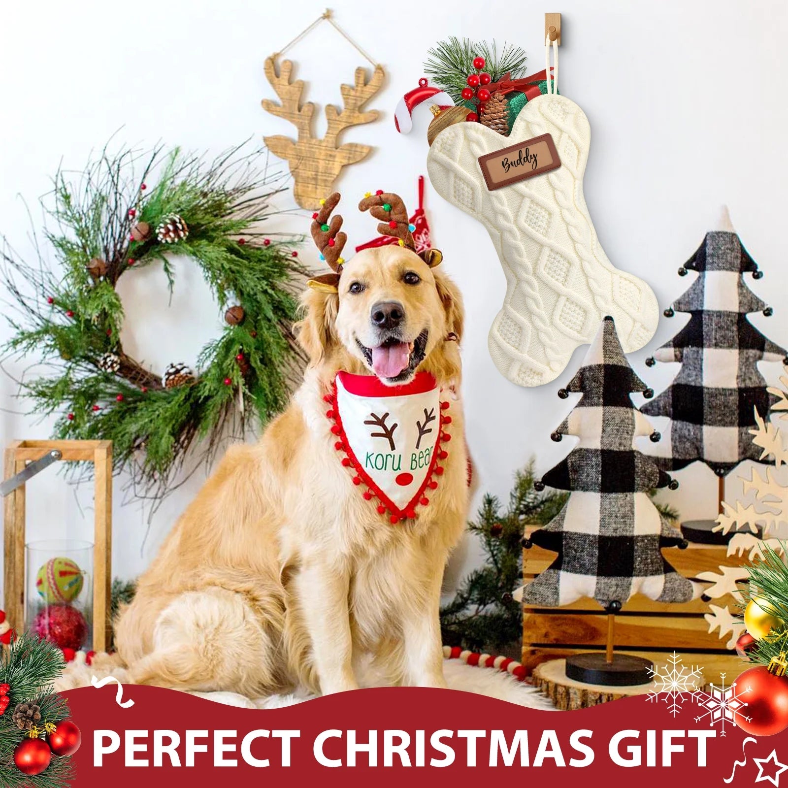 18" Dog Christmas Stocking, Bone Shape Stocking Christmas for Dog, Large Pet Stockings Hanging Christmas Decorations (White)