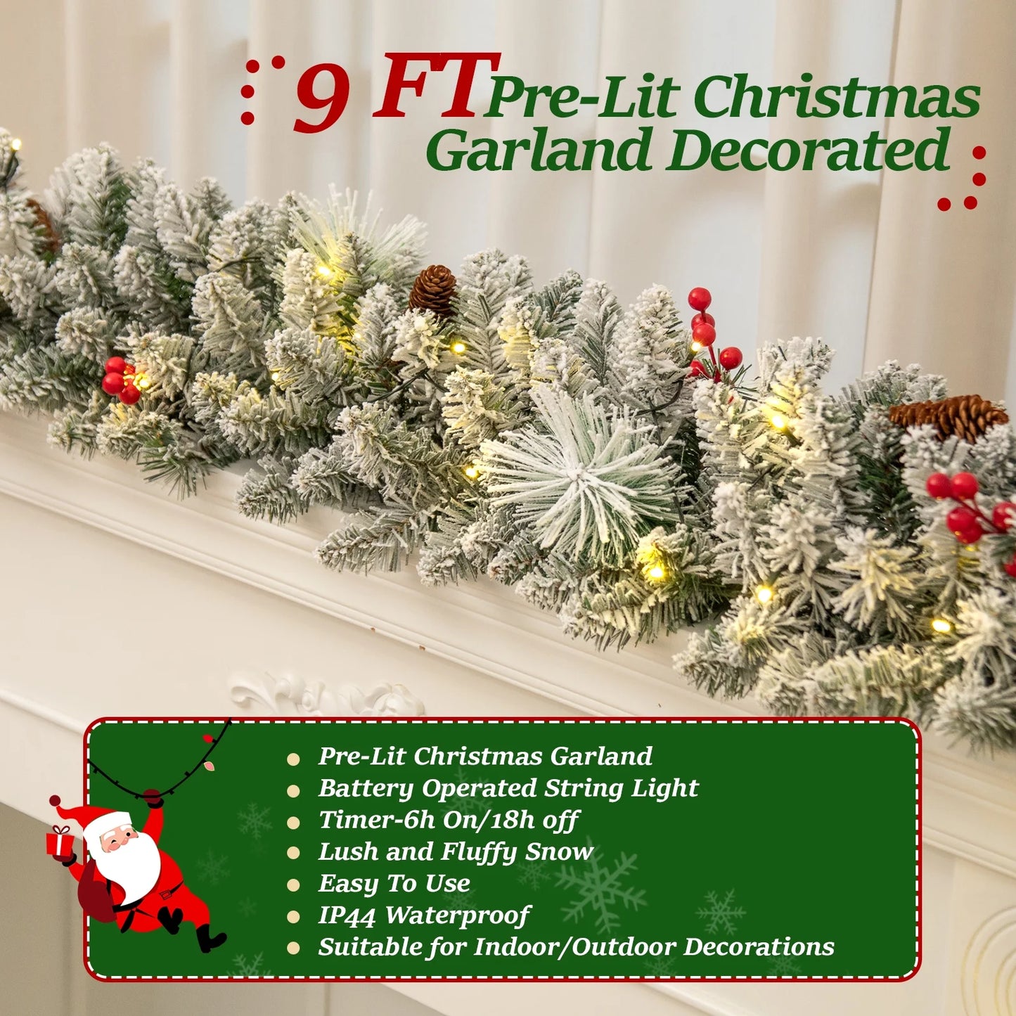 9Ft Pre-Lit Snow Flocked Christmas Garland with LED Lights W/ 8 Modes & Timer for Outdoor Indoor Xmas Decoration Fireplace Stairs Doorway Railings Decor, Battery Operated