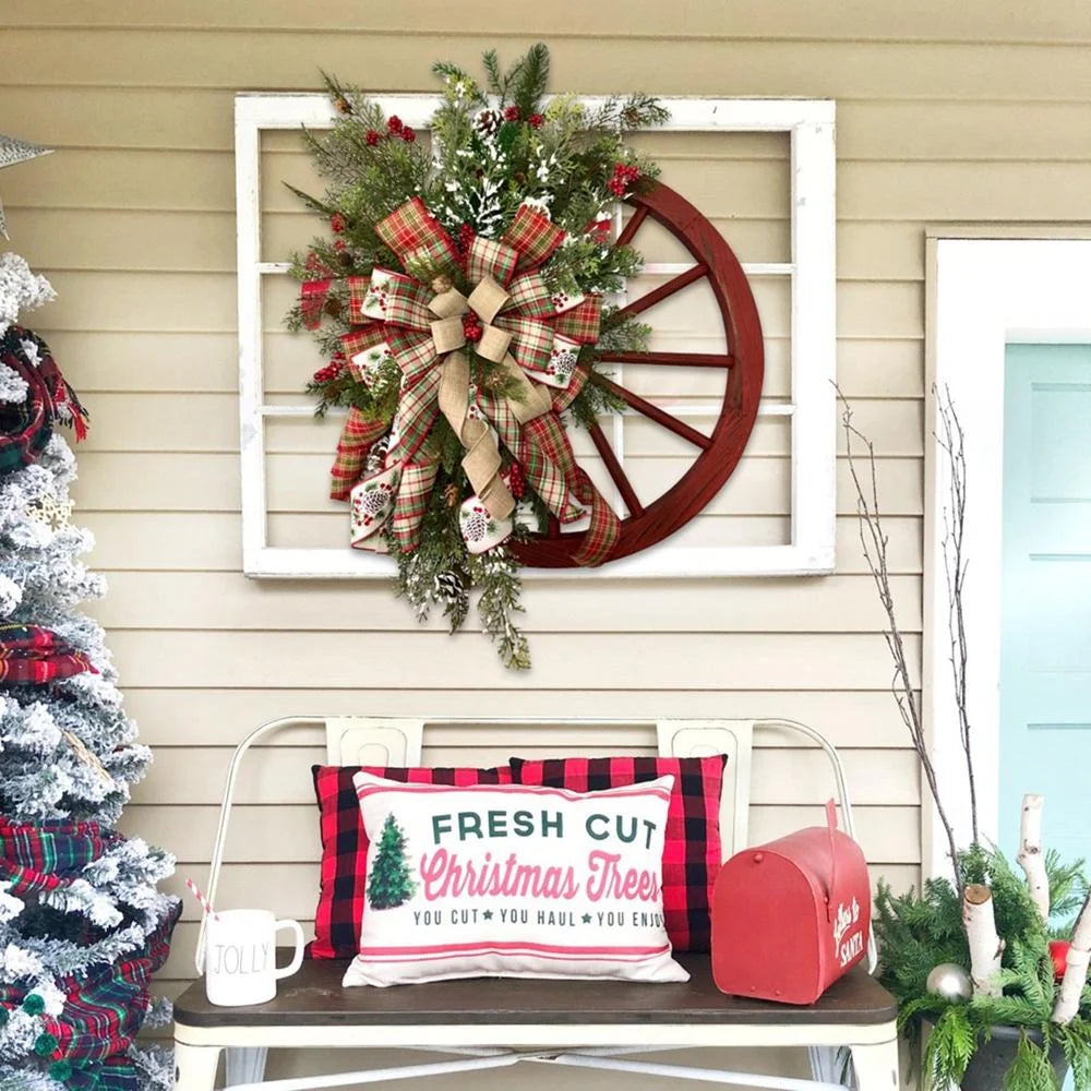 Christmas Wreath Farmhouse Wagon Wheel, Vintage Farmhouse Wreath, Christmas Decorations Wreath for Front Door Window Outdoor Hanging Home Garden Outdoor Decoration Wreath