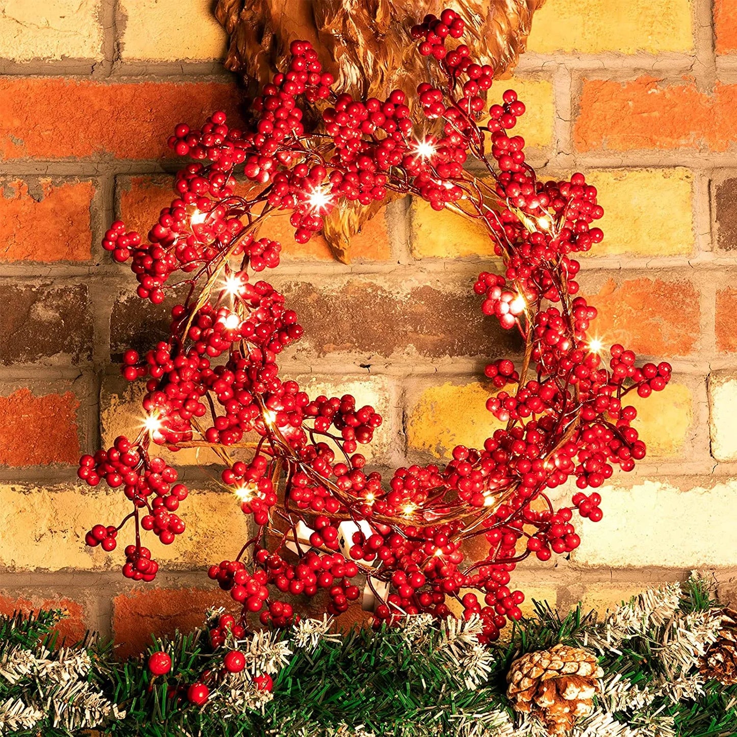 5.9Ft Red Berry Christmas Garland with Lights Artificial Garland for Indoor Mantle Fireplace Staircase Home Xmas Decoration