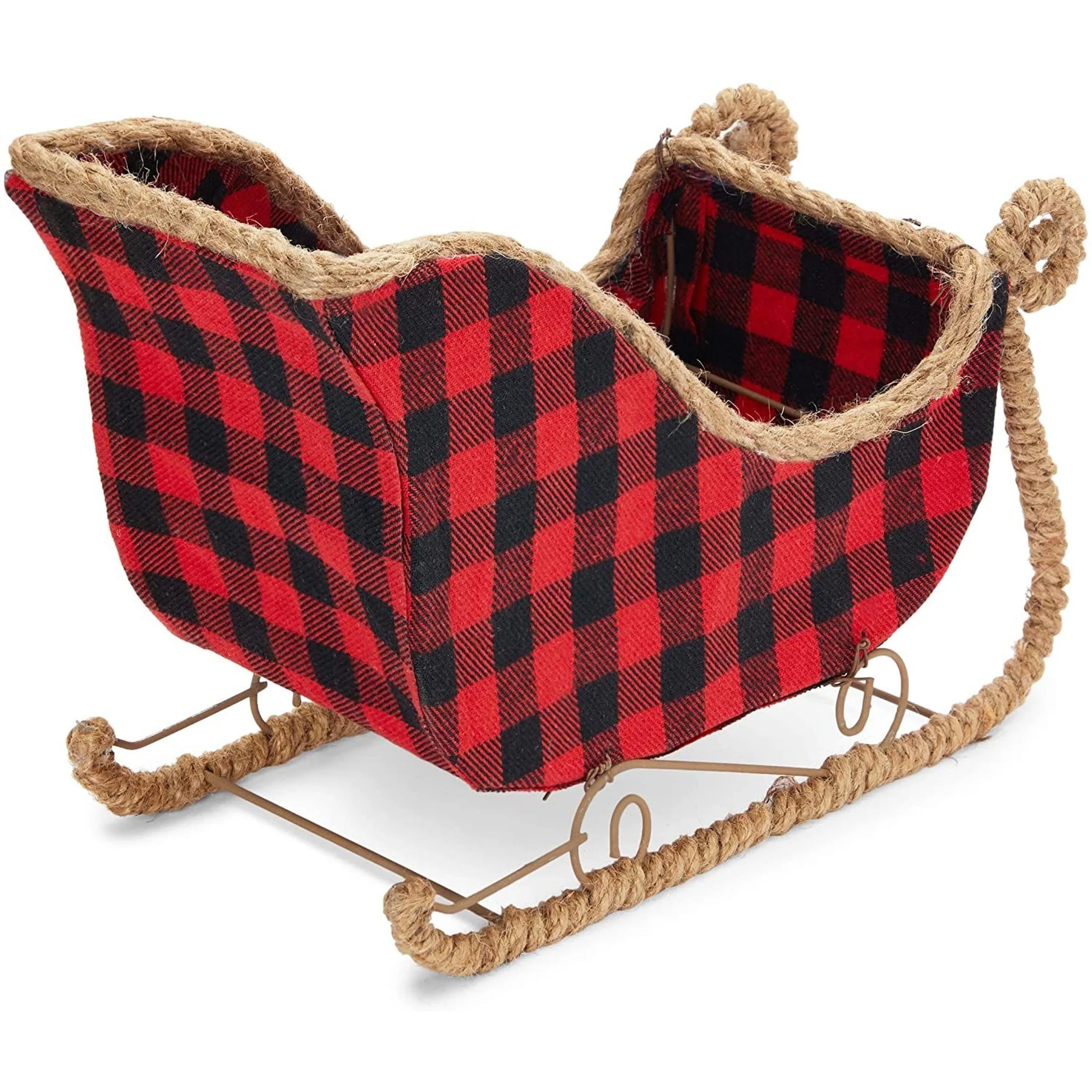 Small Santa Claus Christmas Sleigh Decoration, Red Buffalo Plaid Table Centerpiece for Holiday Decor (11 X 5 X 7.8 In)