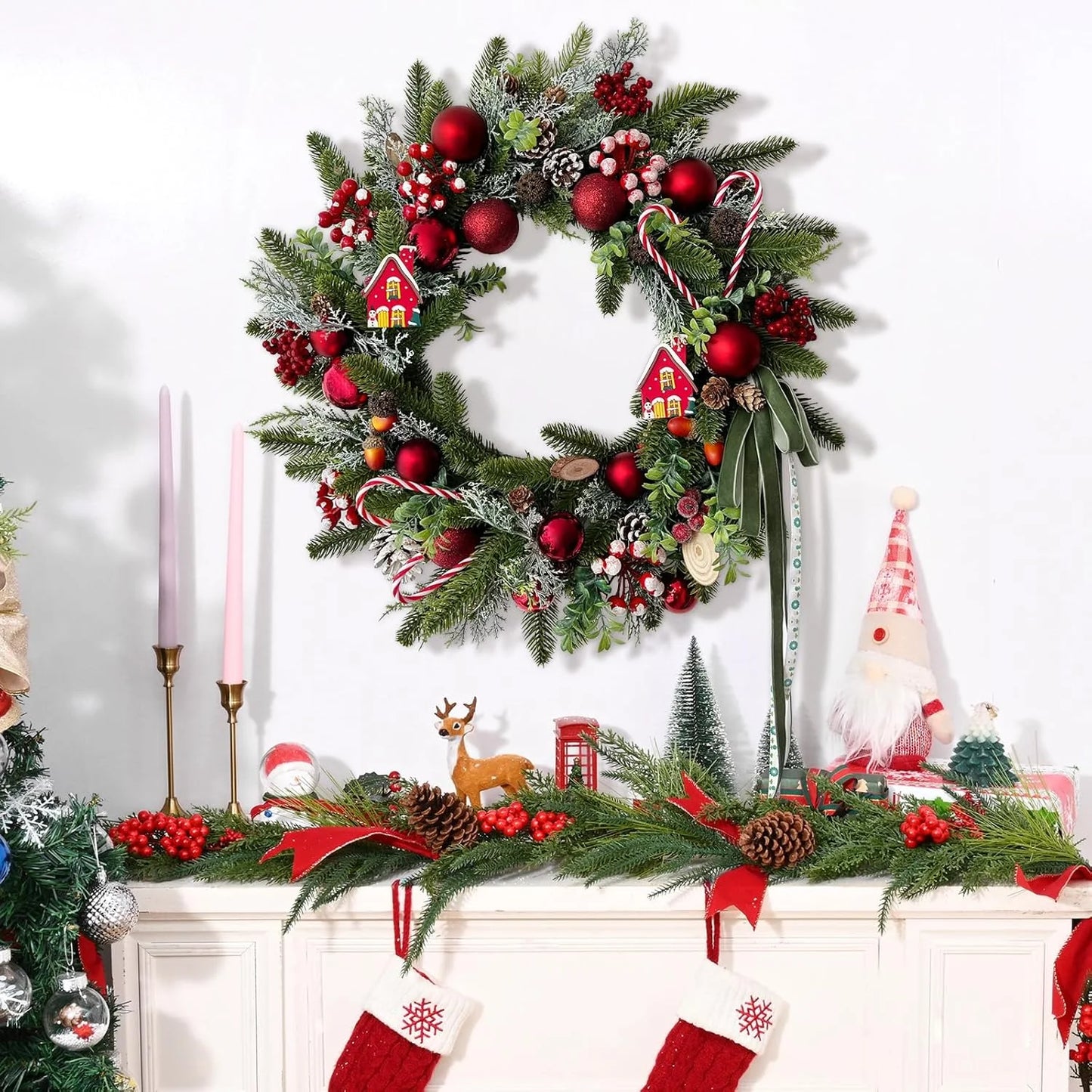 Artificial Christmas Wreaths with Lights,20Inch Christmas Door Wreath with Xmas Balls Berries Pinecones for Wall Fireplace Shop Window Decoration