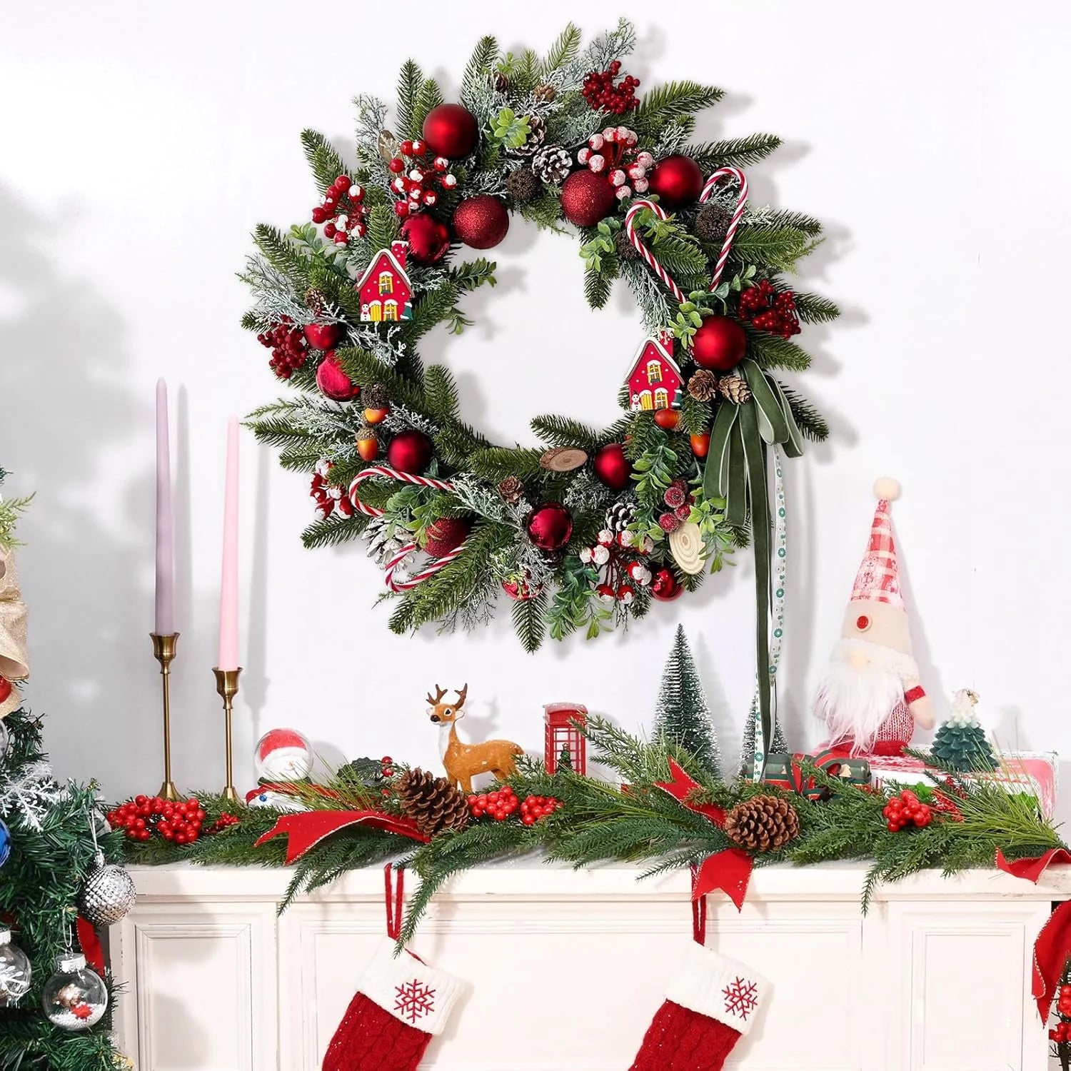 Artificial Christmas Wreaths with Lights,20Inch Christmas Door Wreath with Xmas Balls Berries Pinecones for Wall Fireplace Shop Window Decoration