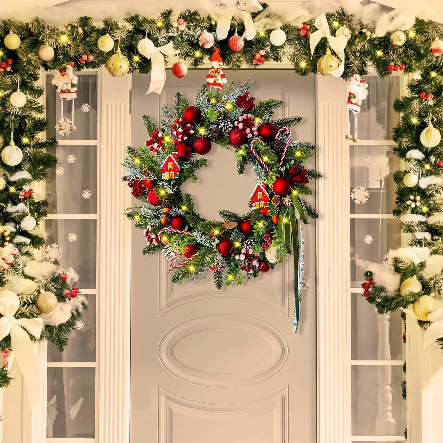 Artificial Christmas Wreaths with Lights,20Inch Christmas Door Wreath with Xmas Balls Berries Pinecones for Wall Fireplace Shop Window Decoration