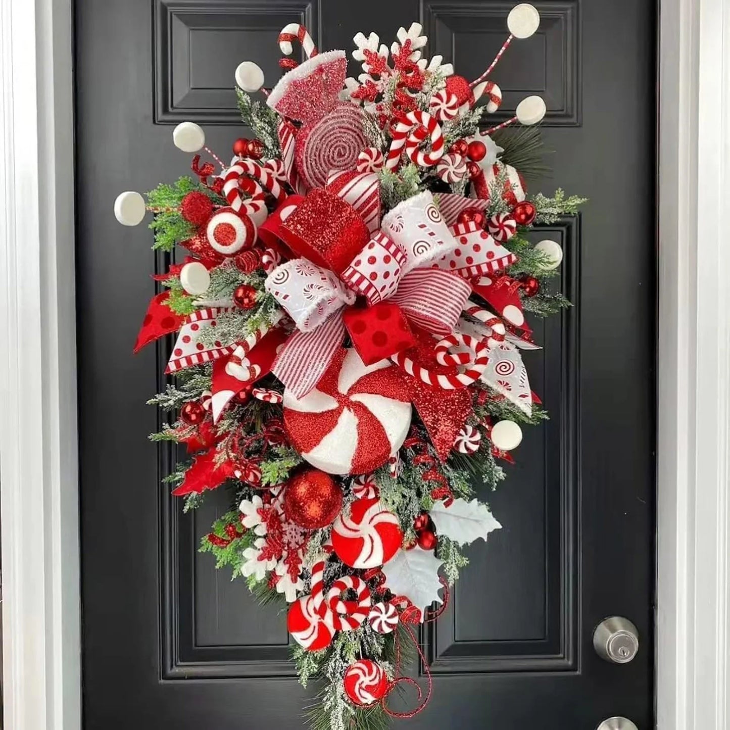 Christmas Candy Cane Wreath for Front Door Red White Teardrop Candy Cane Christmas Stairway Decorations Christmas Wreath with Candy Christmas Onrnament for Home Indoor D Home Decor