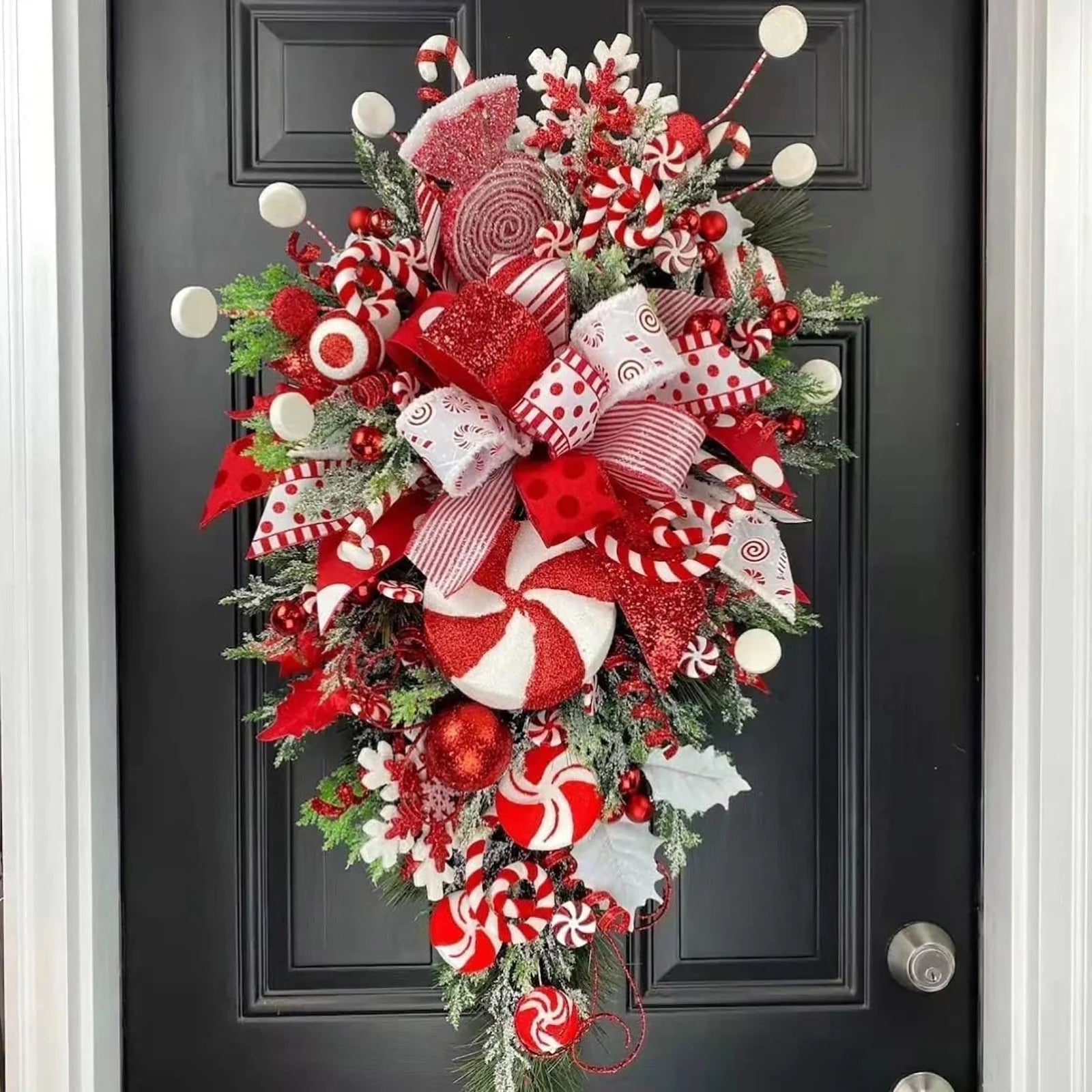 Christmas Candy Cane Wreath for Front Door Red White Teardrop Candy Cane Christmas Stairway Decorations Christmas Wreath with Candy Christmas Onrnament for Home Indoor D Home Decor