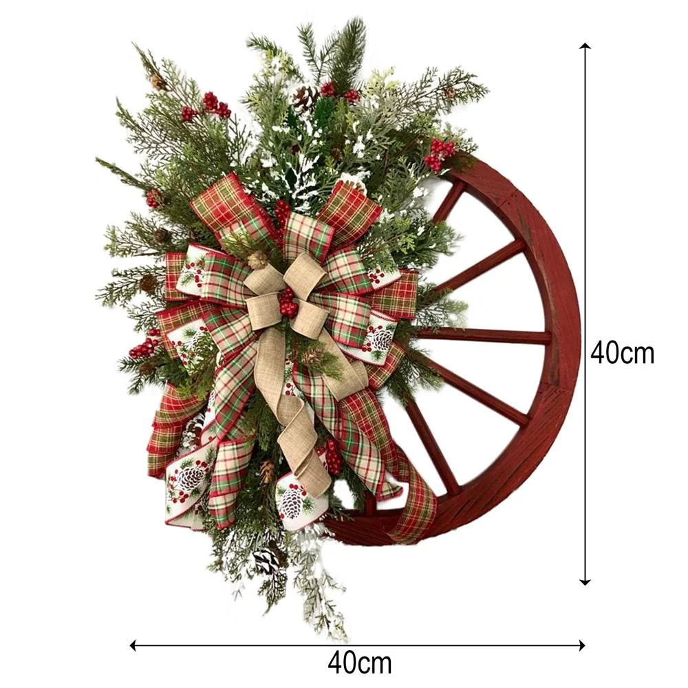 Christmas Wreath Farmhouse Wagon Wheel, Vintage Farmhouse Wreath, Christmas Decorations Wreath for Front Door Window Outdoor Hanging Home Garden Outdoor Decoration Wreath