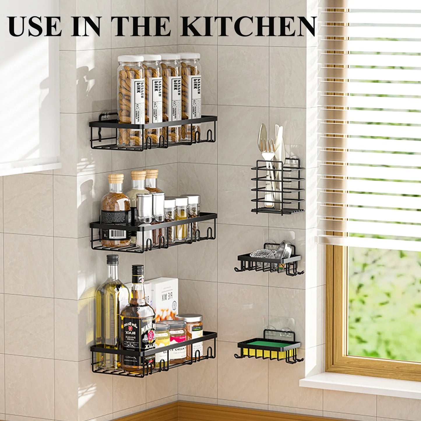 6 PCS Shower Caddy, No Drilling Bathroom Organizer with Soap Holder, Adhesive Bathroom Caddy, Black