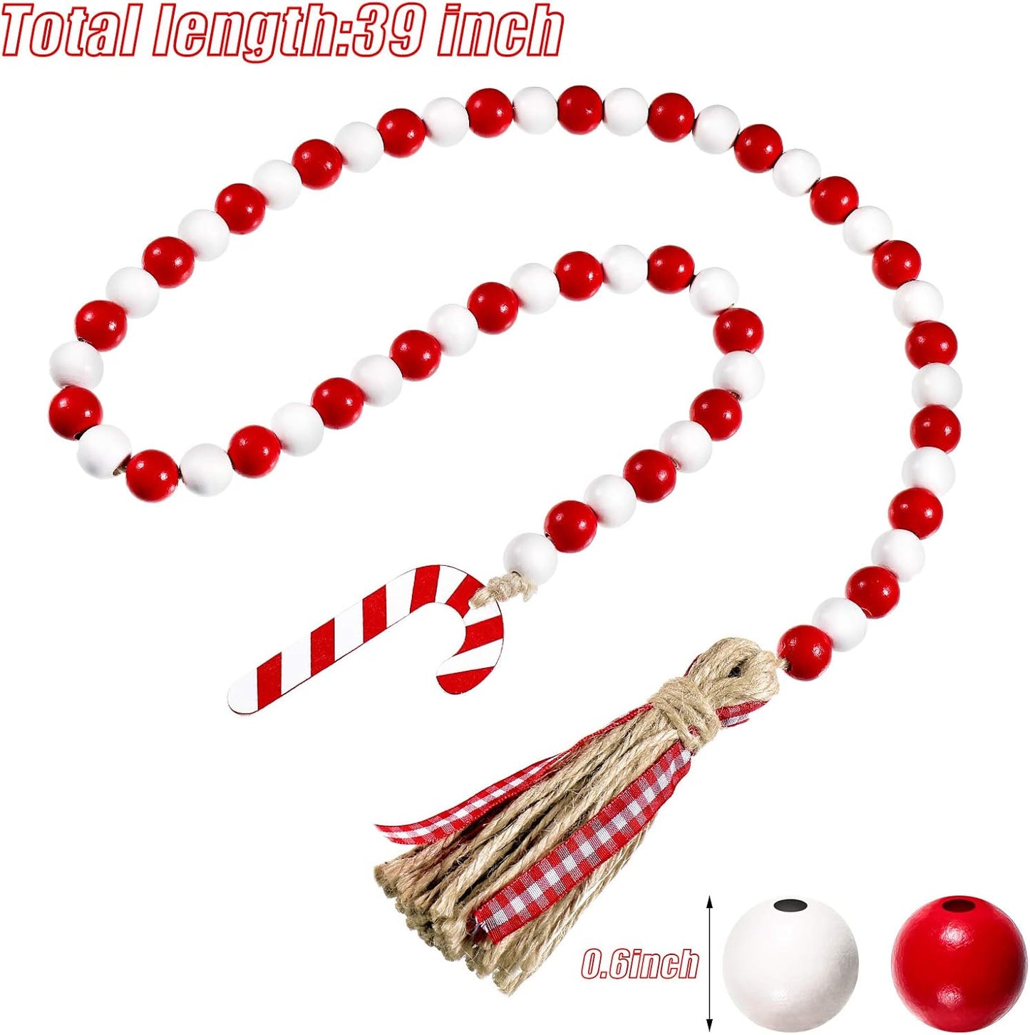 Christmas Wooden Bead Garland Wreath, 39 Inches Decorated with Candy Canes Tassels Wood Bead Garland for Christmas Tree Tiered Tray Decor Home Farmhouse Wall Hanging Ornaments(Red White)