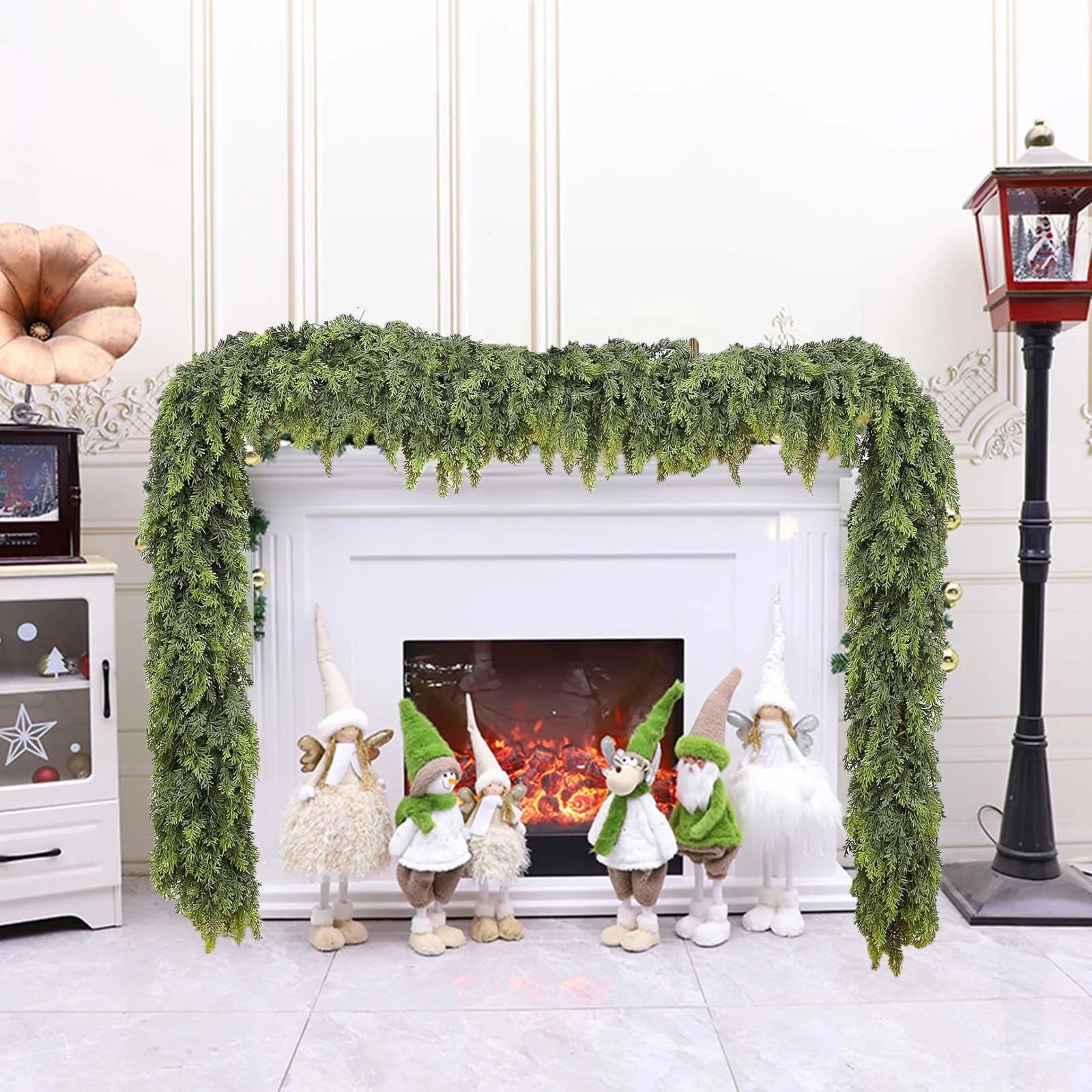 Artificial Green Cedar Garland Faux Cedar Needles Garland for Home Fireplace Indoor Outdoor Holiday Party Decoration