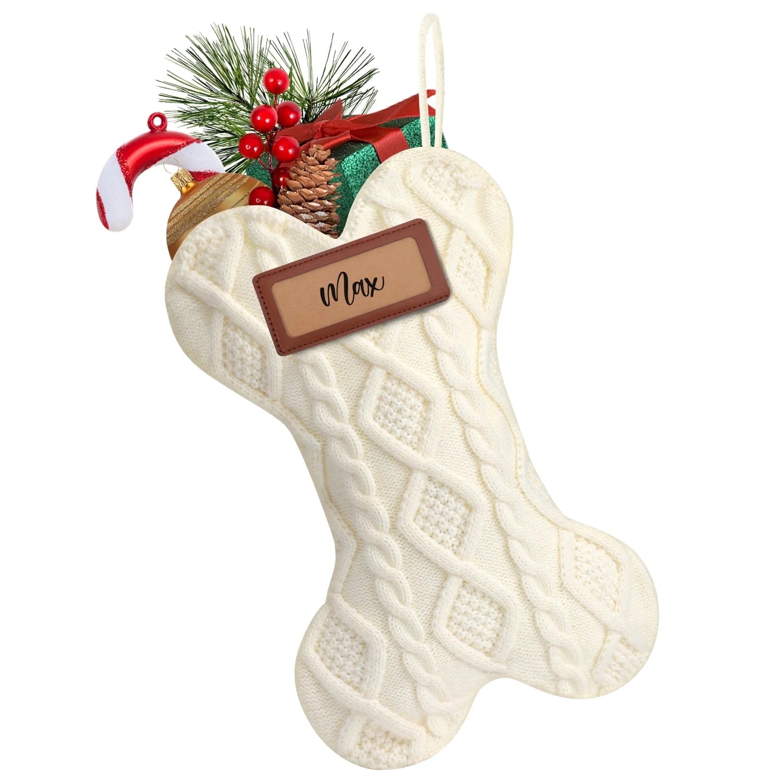 18" Dog Christmas Stocking, Bone Shape Stocking Christmas for Dog, Large Pet Stockings Hanging Christmas Decorations (White)