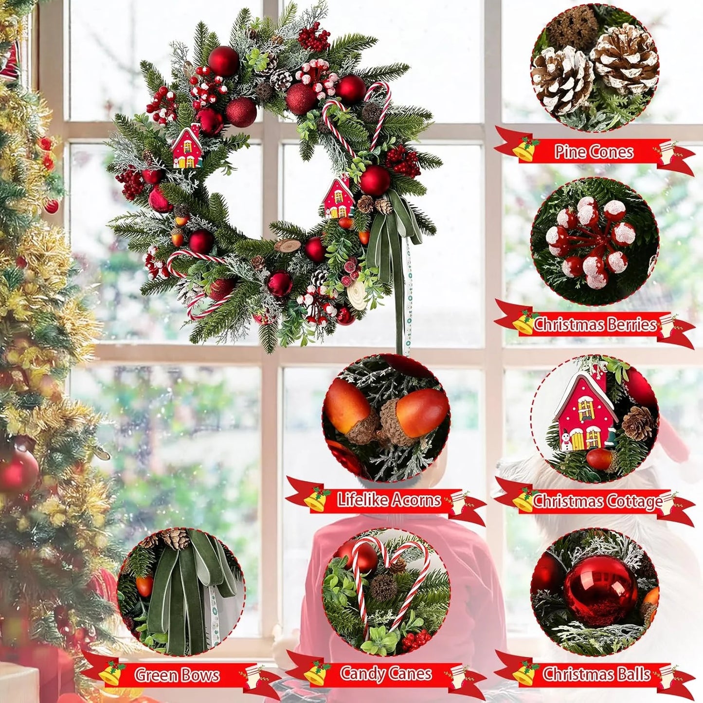 Artificial Christmas Wreaths with Lights,20Inch Christmas Door Wreath with Xmas Balls Berries Pinecones for Wall Fireplace Shop Window Decoration