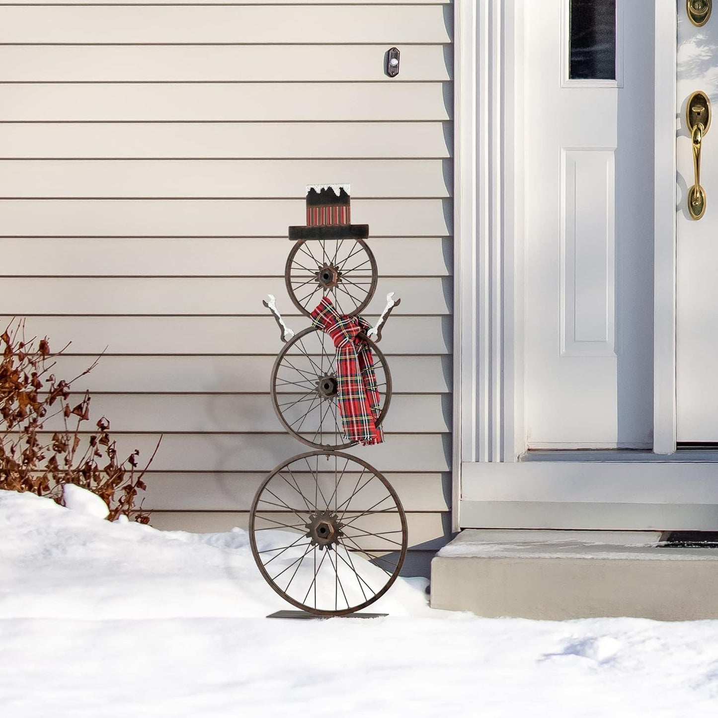 33.98" H Metal Bike Wheel Snowman with Plaid Scarf Hat Porch Decor Metal Bicycle Garden Yard Decor Christmas Indoor Outdoor Decorations