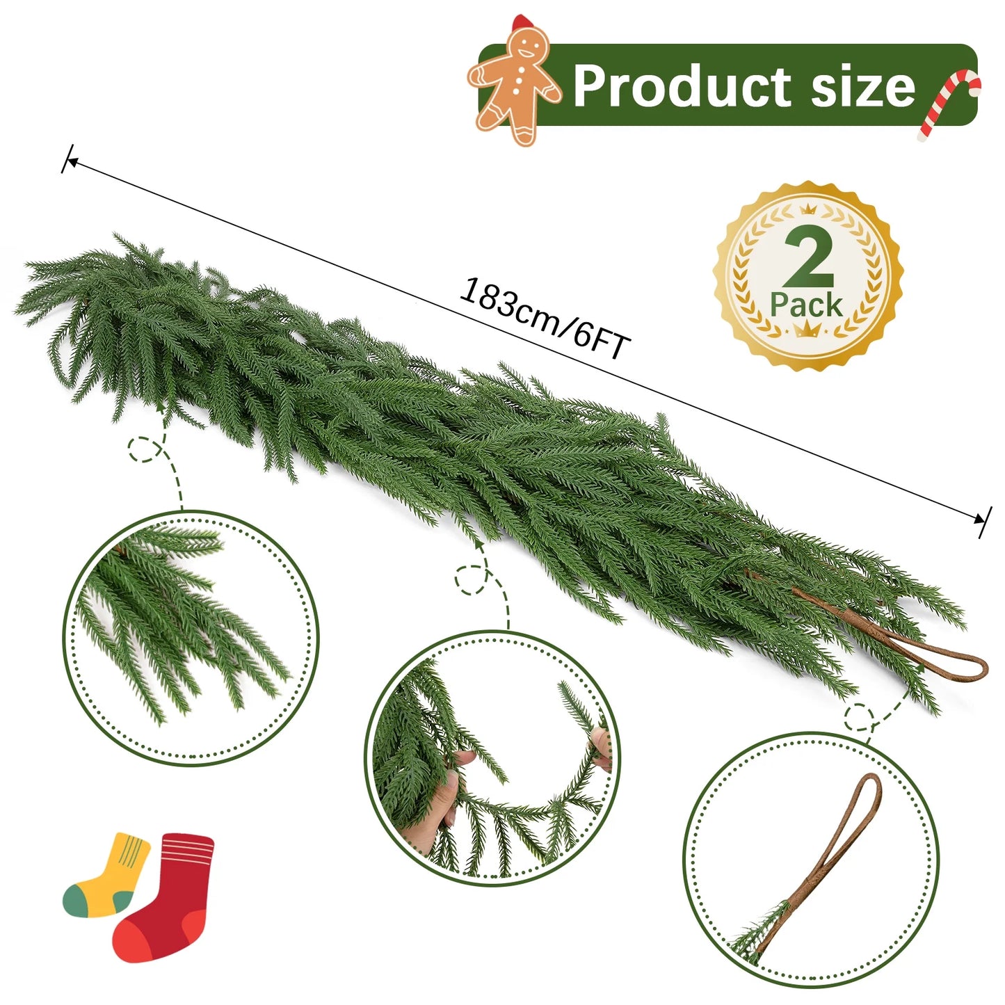 2 Pcs Christmas Garlands Decorations, 12 Ft Real Touch Artificial Norfolk Pine Christmas Greenery Garlands for Wall Fireplace Indoor Outdoor Xmas Decor