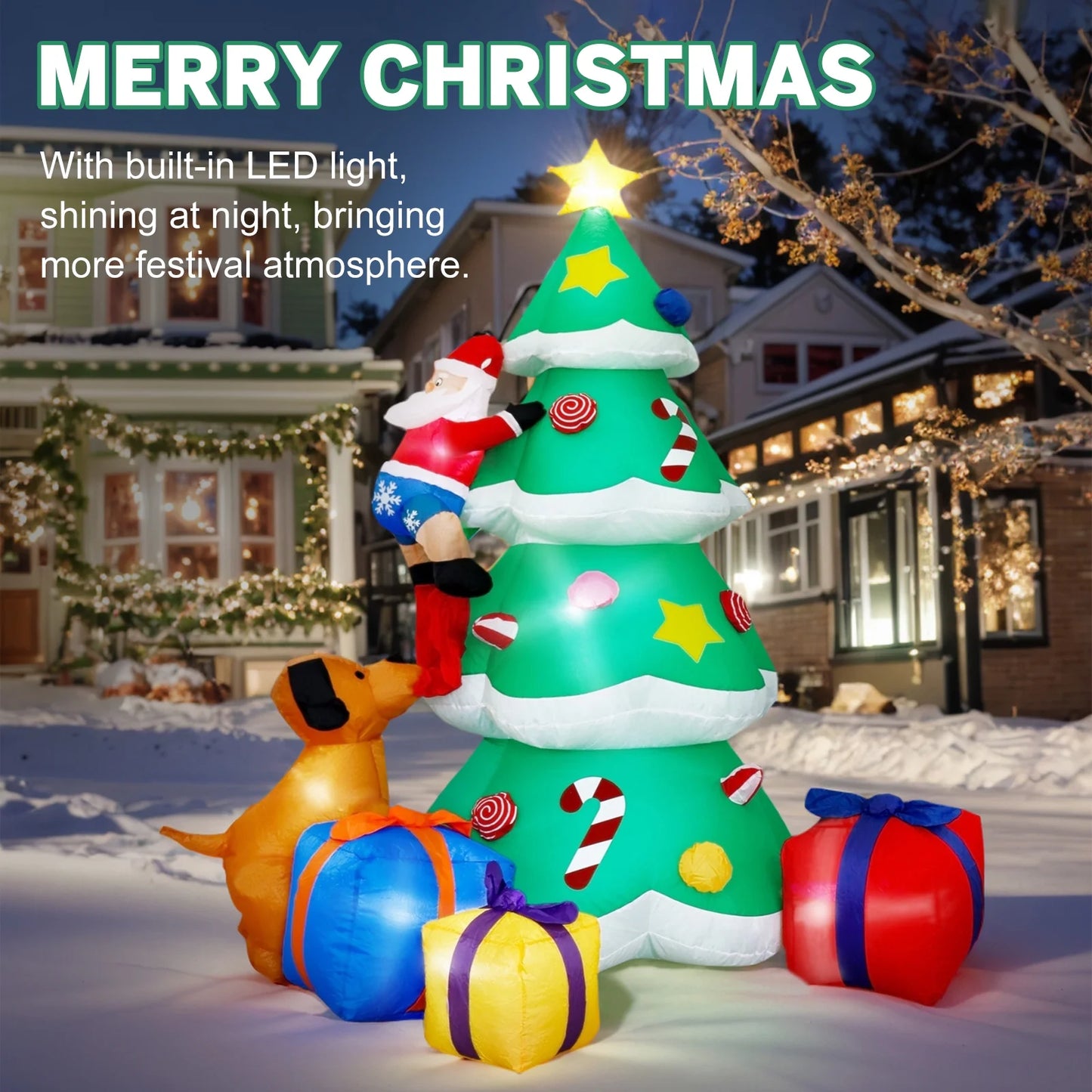 7FT Christmas Inflatables Decoration Outdoor LED Lights Santa Claus Being Chased up the Tree Blow up Xmas Decor Lawn Yard Patio Garden Christmas Decor Indoor Festive Holiday Spirit