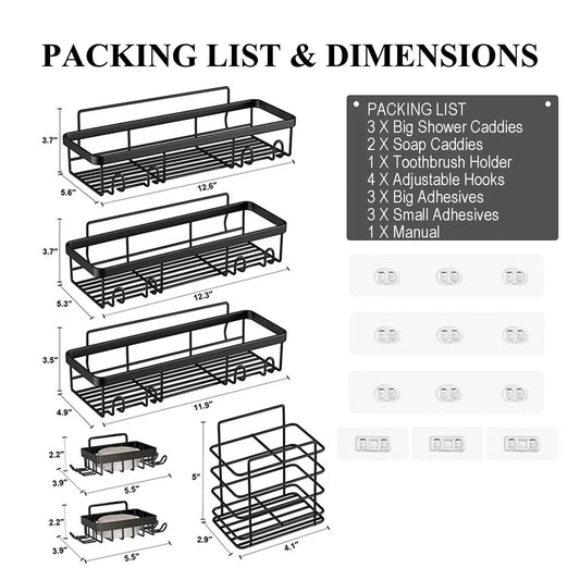 6 PCS Shower Caddy, No Drilling Bathroom Organizer with Soap Holder, Adhesive Bathroom Caddy, Black