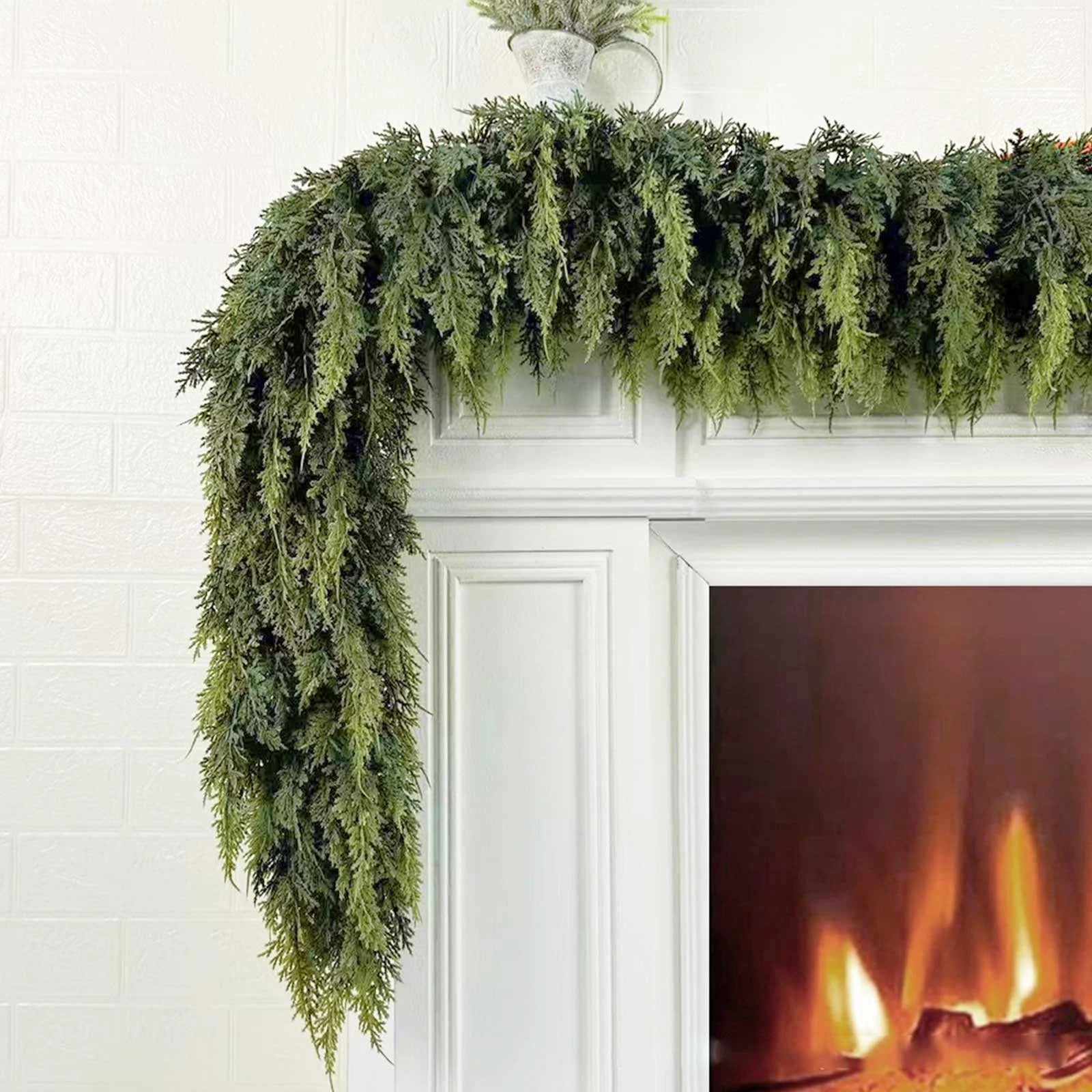 Artificial Green Cedar Garland Faux Cedar Needles Garland for Home Fireplace Indoor Outdoor Holiday Party Decoration