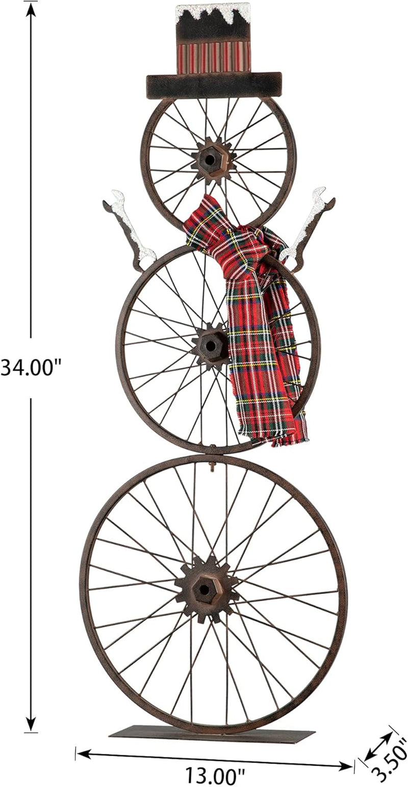 33.98" H Metal Bike Wheel Snowman with Plaid Scarf Hat Porch Decor Metal Bicycle Garden Yard Decor Christmas Indoor Outdoor Decorations