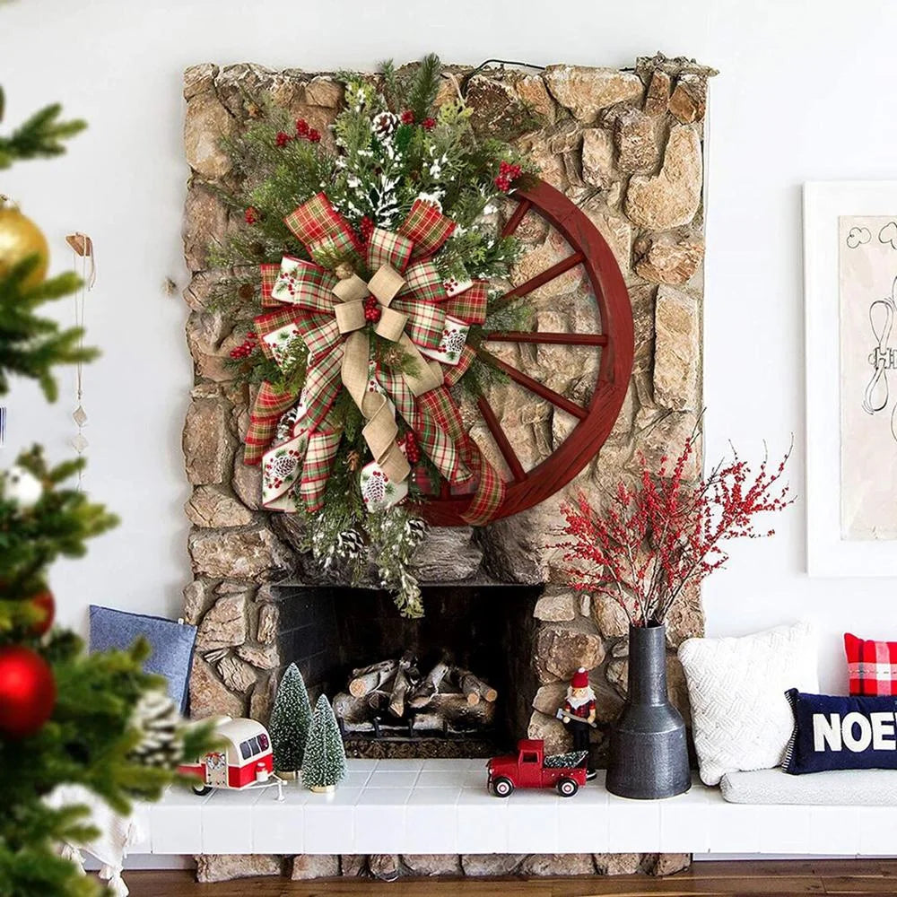Christmas Wreath Farmhouse Wagon Wheel, Vintage Farmhouse Wreath, Christmas Decorations Wreath for Front Door Window Outdoor Hanging Home Garden Outdoor Decoration Wreath