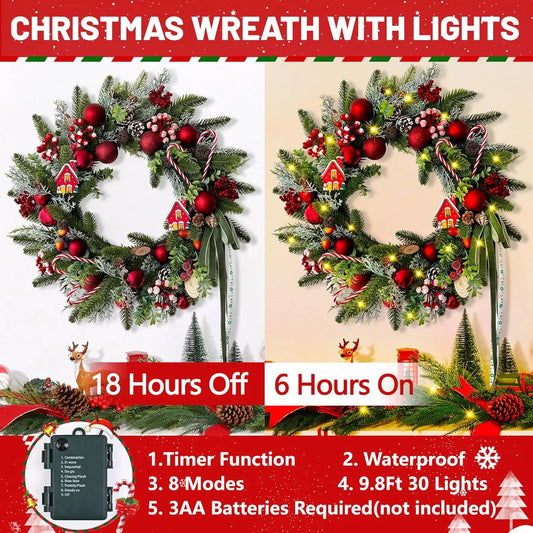 Artificial Christmas Wreaths with Lights,20Inch Christmas Door Wreath with Xmas Balls Berries Pinecones for Wall Fireplace Shop Window Decoration
