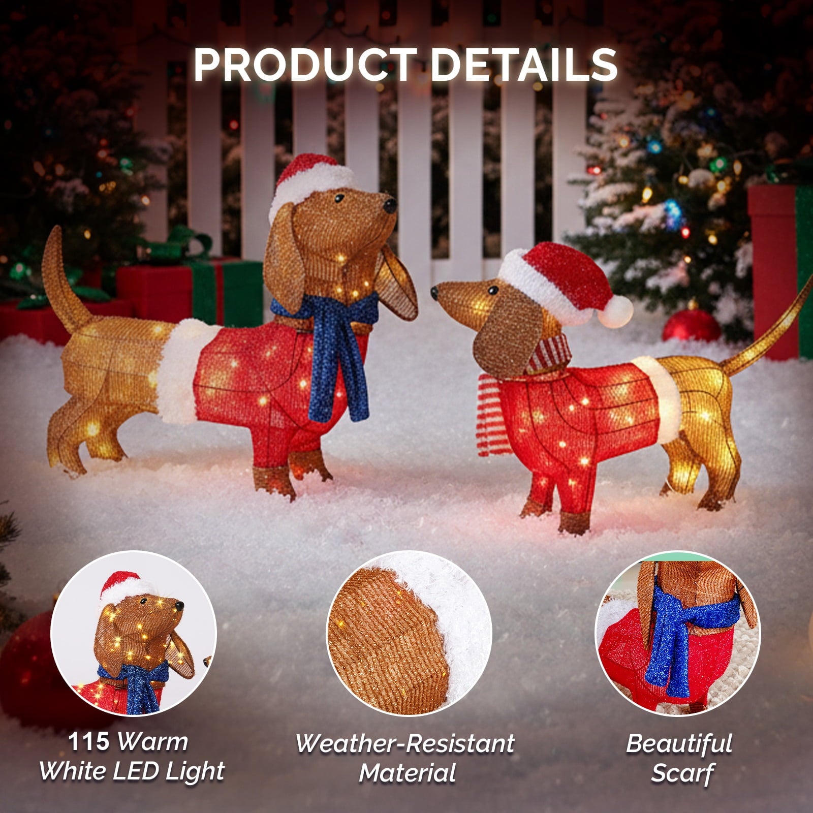 2-Piece Christmas Decor Lighted Wiener Dog, Pre-Lit Outdoor Indoor Christmas Decor with Warm White Leds
